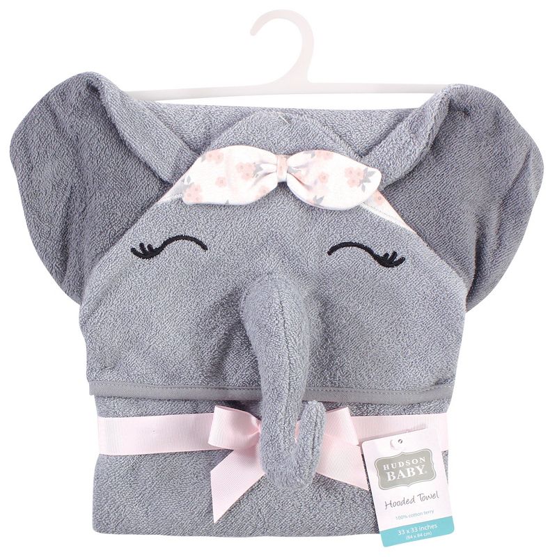 Hudson Baby Infant Girl Cotton Animal Face Hooded Towel, Flower Elephant, One Size