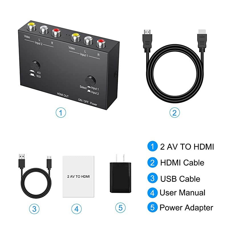 to HDMI Converter Support Quick Switch Support 16943 Compatible with WII N64 PS123 VHS VCR DVD Players etc 2 AV in 1 HDMI Out