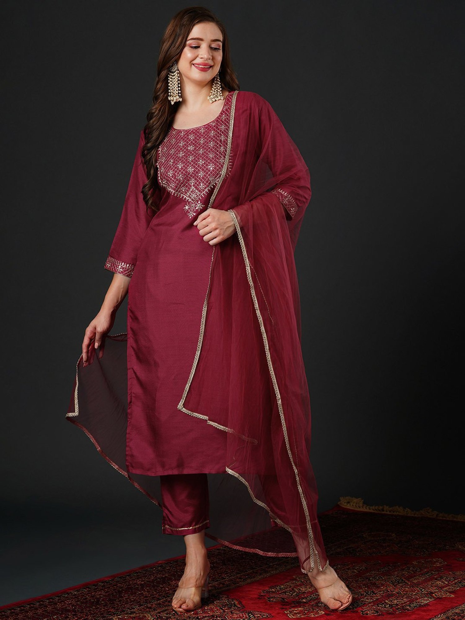 Indo Era Wine Embroidered Kurta With Pant & Dupatta