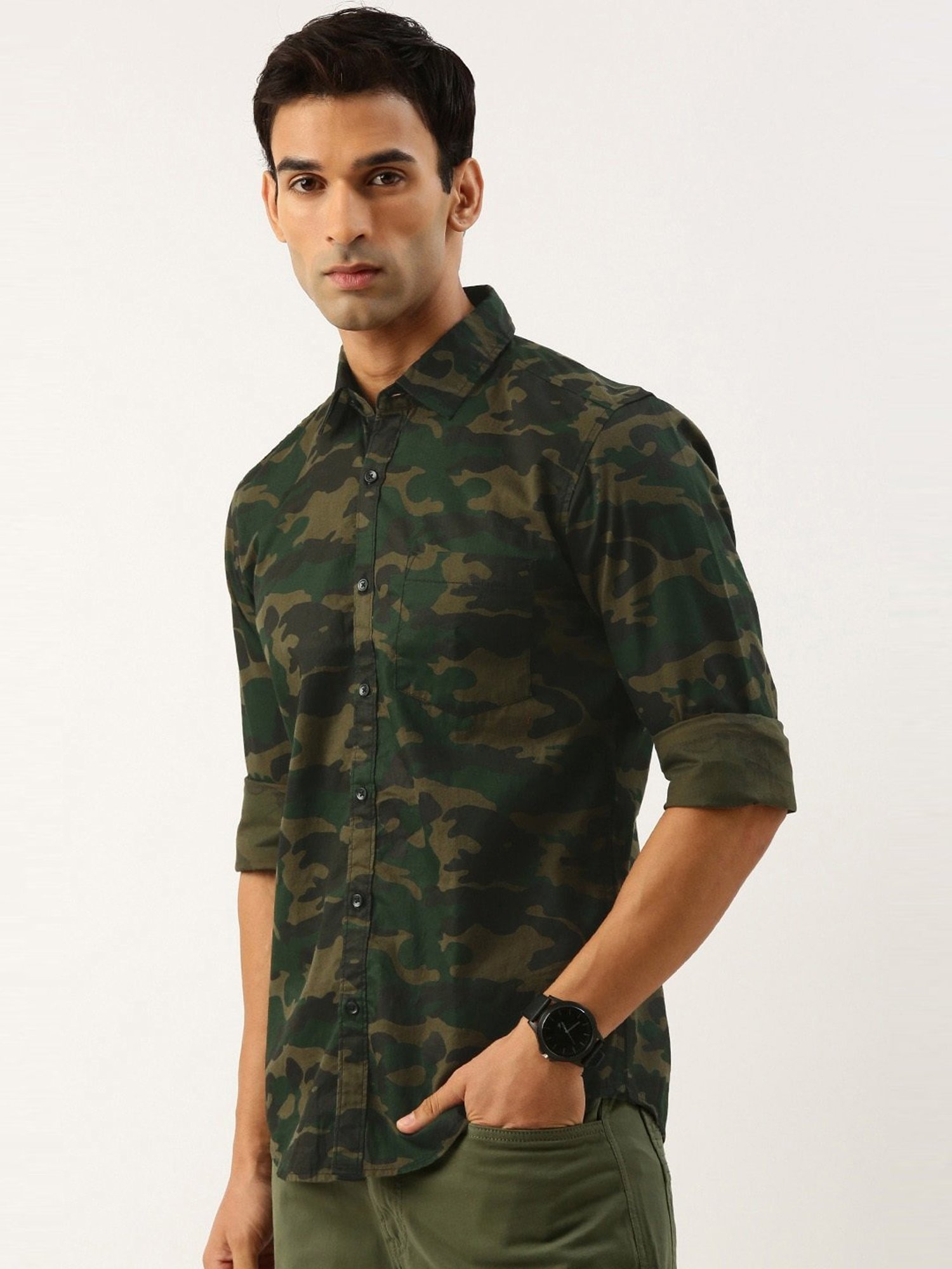 IVOC Olive Slim Fit Camouflage Shirt