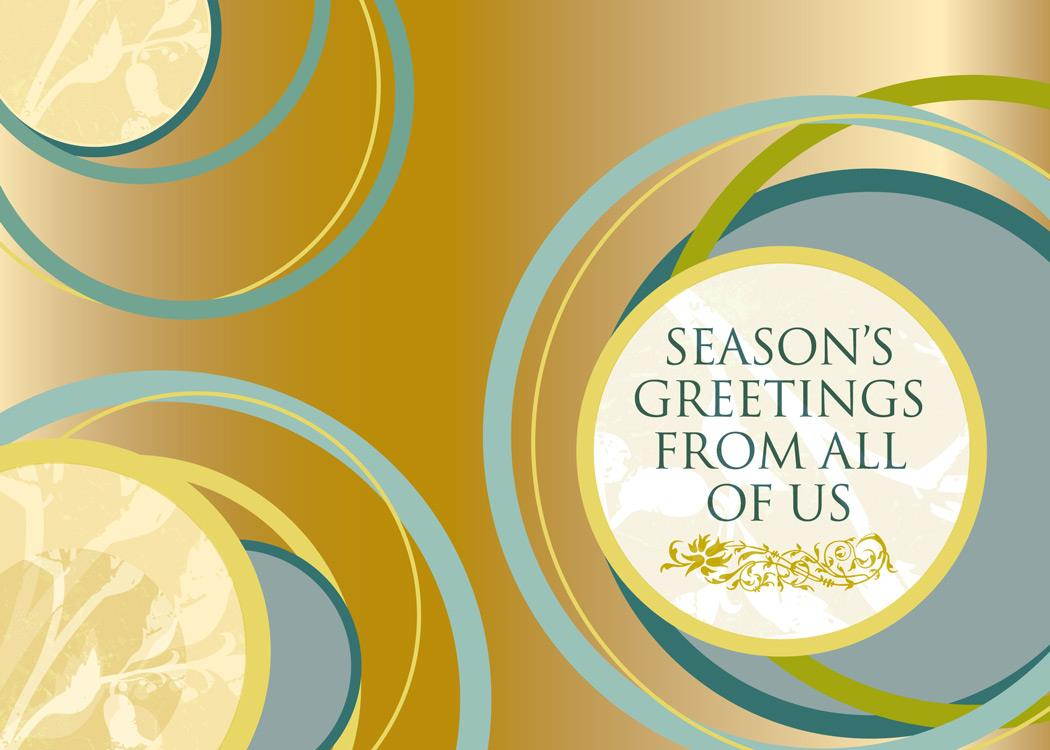 Holiday Greeting Cards - H1211. Business Greeting Card with a Gold and Blue Designs and Season's Greetings. Box Set Has 25 Greeting Cards and 26 White with Gold Foil Lined Envelopes.