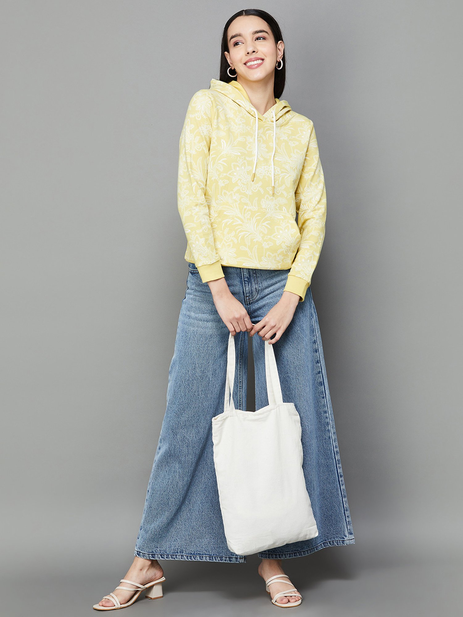 Colour Me by Melange Yellow Cotton Floral Print Hoodie