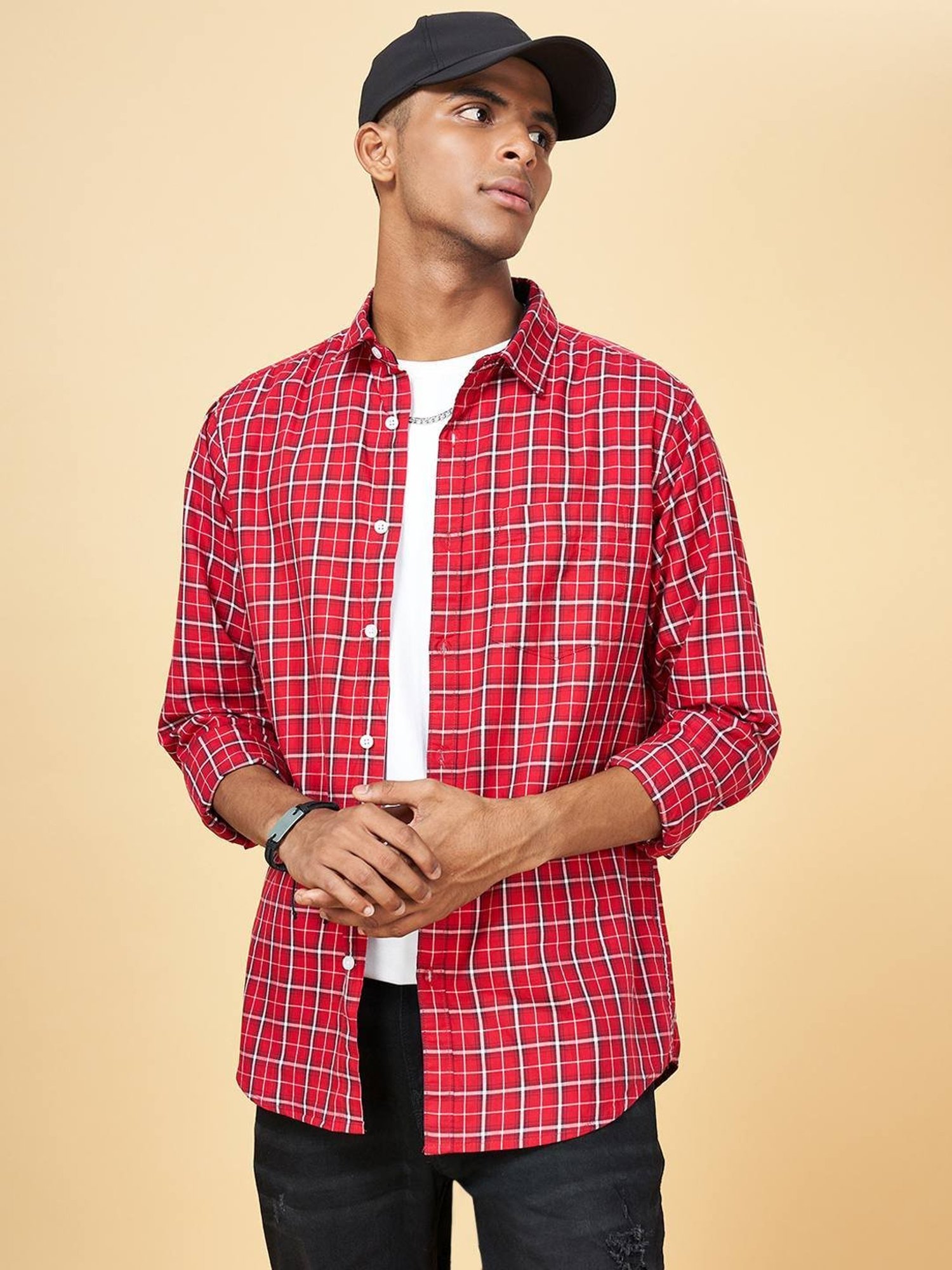 YU by Pantaloons Dark Red Cotton Slim Fit Checks Shirt