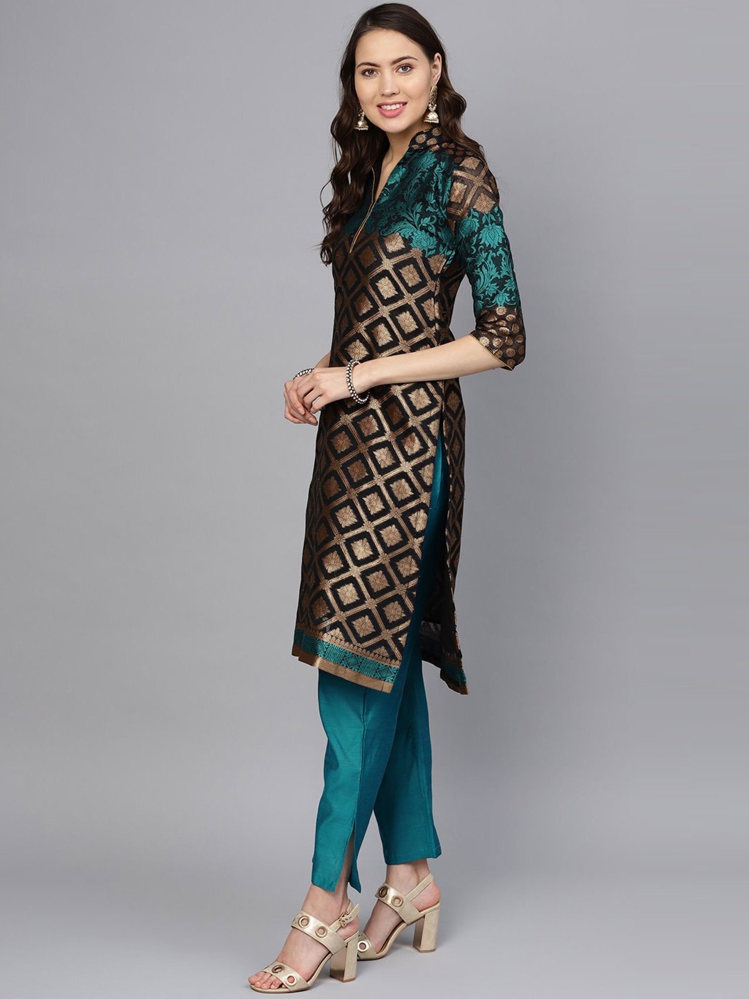 Chhabra 555 Black & Blue Woven Pattern Kurta Pant Set With Dupatta