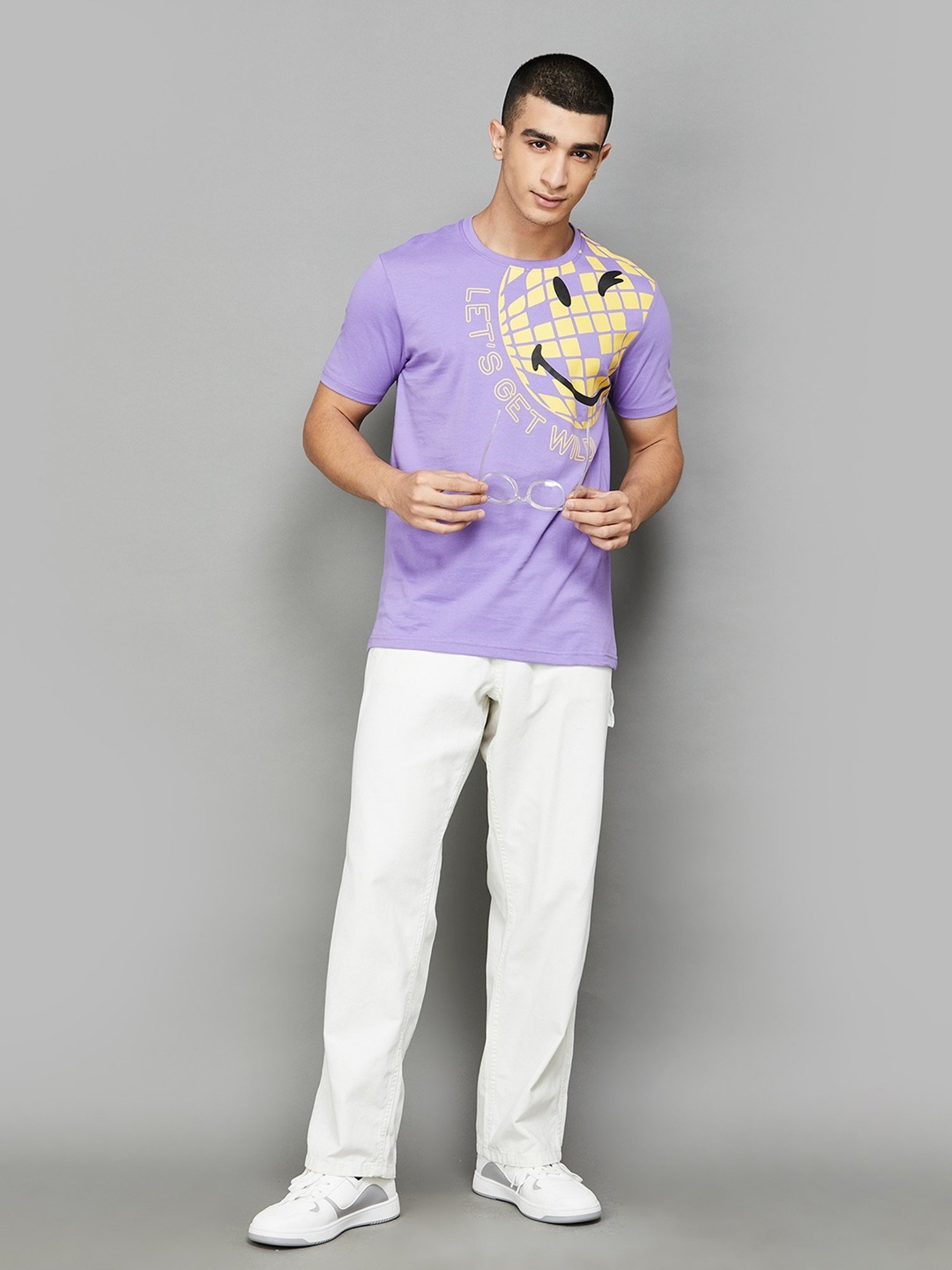 Smileyworld Purple Cotton Regular Fit Printed T-Shirt