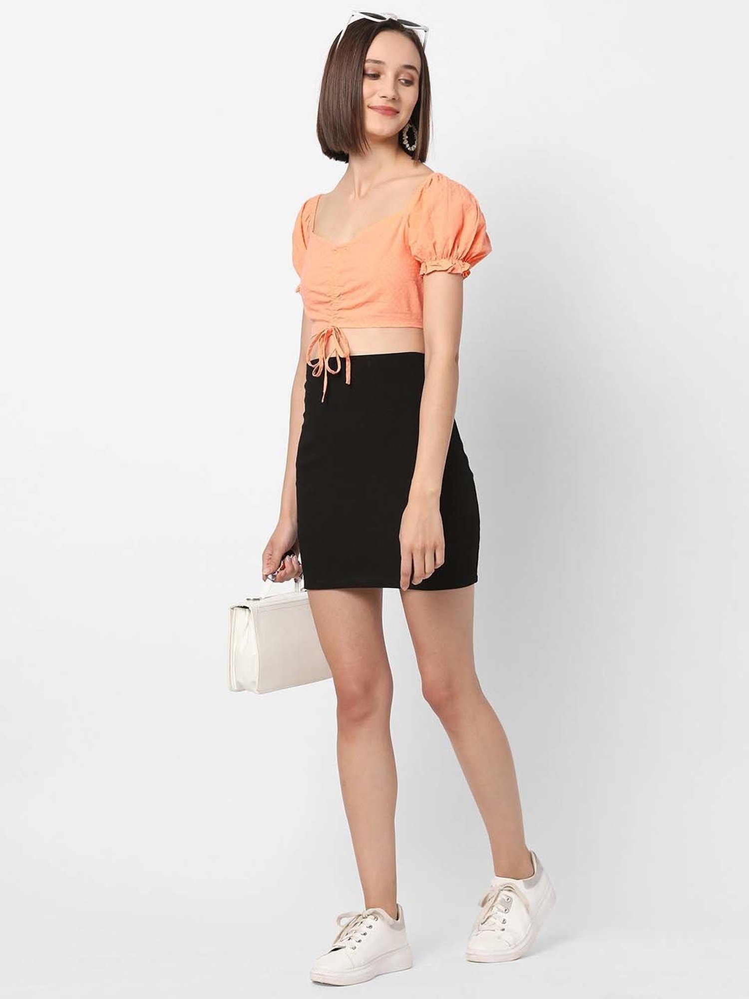 VASTRADO Orange Cotton Self Pattern Crop Top