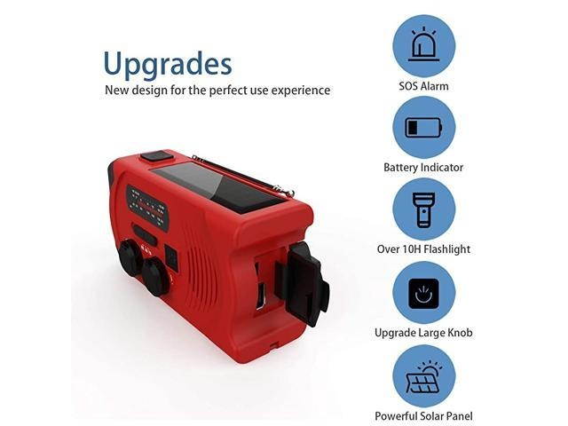 Version] Emergency Weather Radios SOS Alarm AM/FM NOAA Radio Hand Crank Self Powered LED Flashlight 2000mAh Power Bank Red with Multifunctional Climbing Button Carabiner (Black Lanyard)