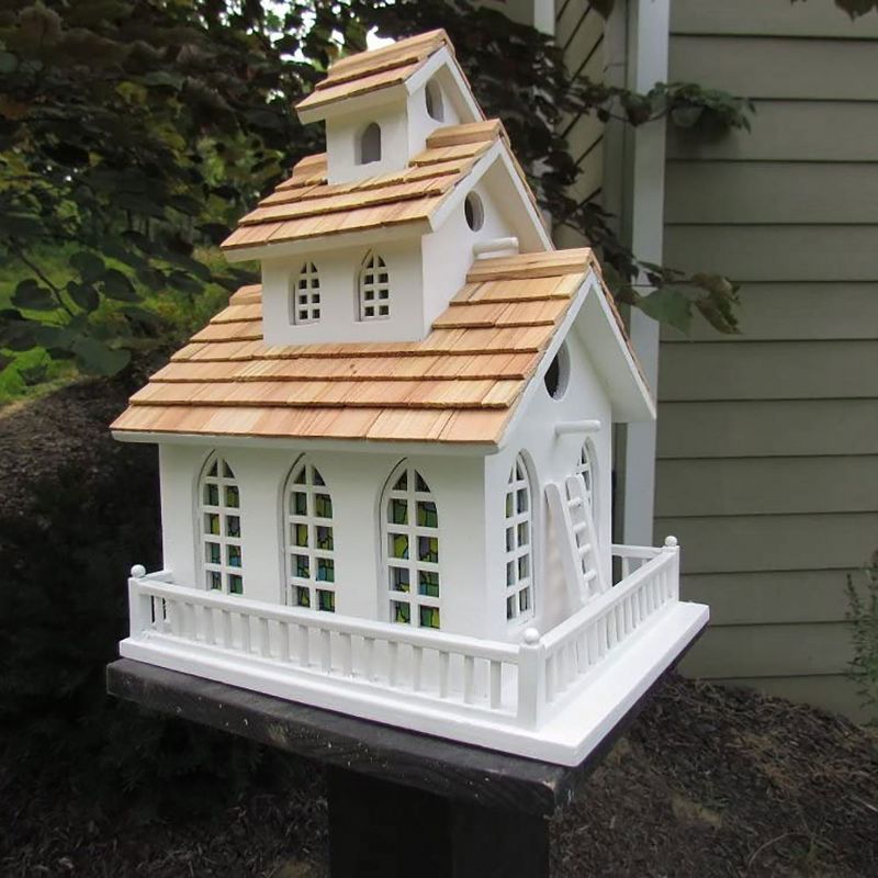 Home Bazaar HB-2047S 3 Tiered Chapel Bell Birdhouse with Chiming Bell and Stained Glass Windows for Wrens, Finches, Chickadees, and More, White