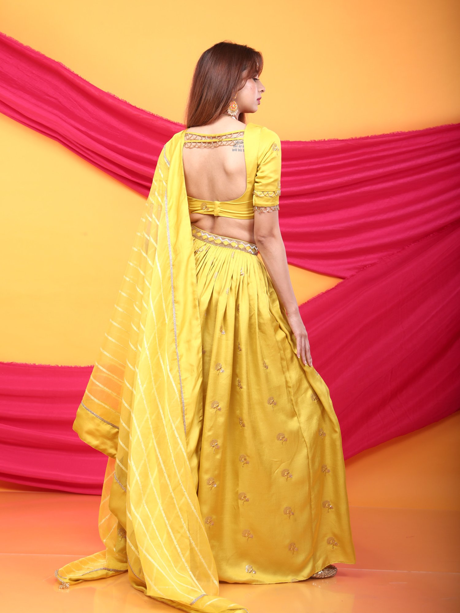 Monk & Mei Gulkari Lehenga Blouse Set-Canary Yellow
