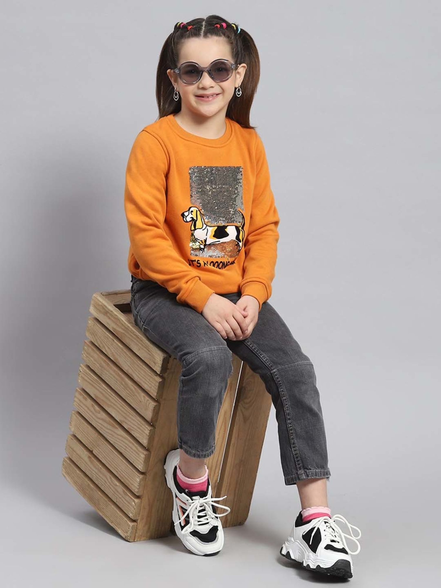 Monte Carlo Kids Orange Embellished Full Sleeves Sweatshirt