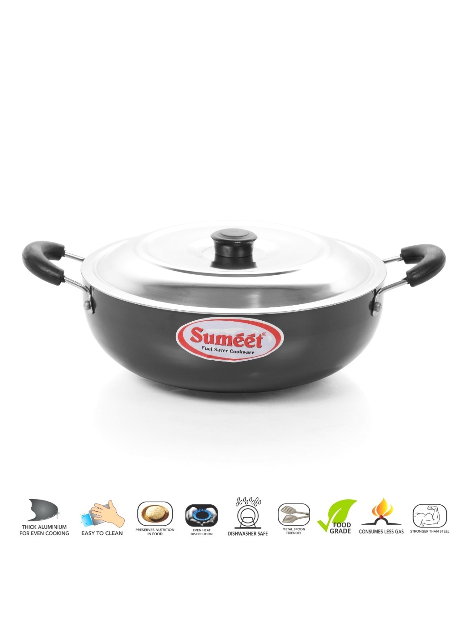 Sumeet 3mm Hardanodised Deep kadhai with S.S. Lid. No. - 11  20cm Dia. 1.5 Ltr Capacity