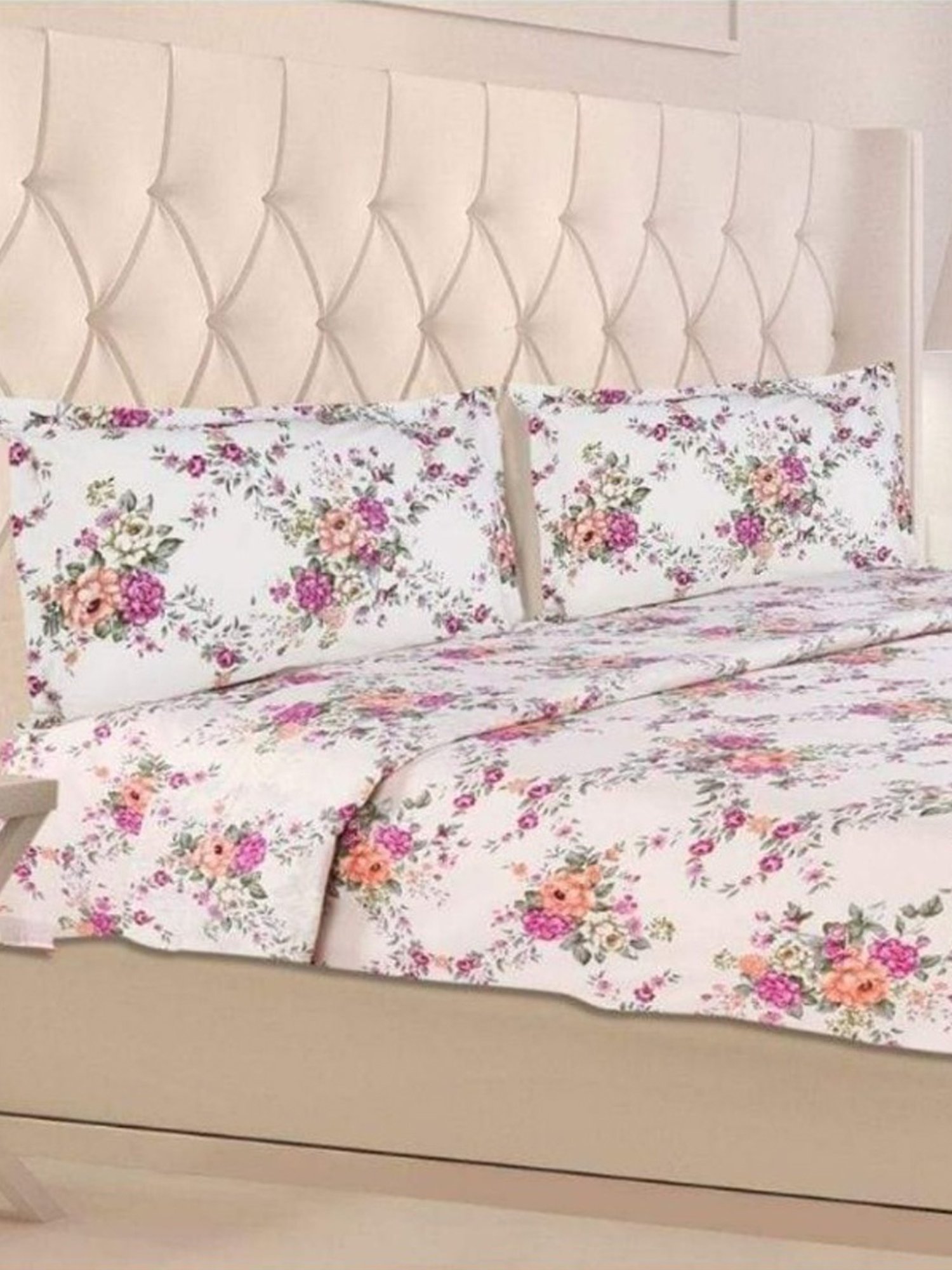 Haus & Kinder Greek Garden Romance Pink & Orange 144 TC Cotton King Bed Sheet with 2 Pillow Covers