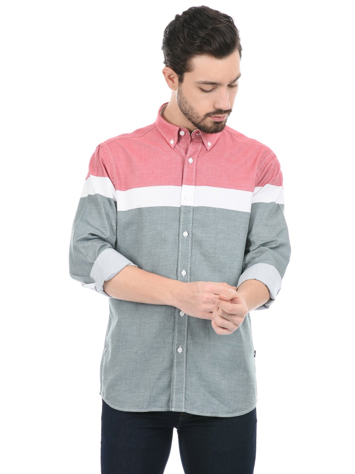 London Fog Grey Regular Fit Colour Block Shirt
