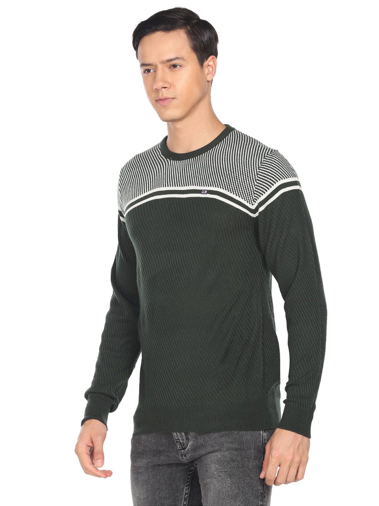 Arrow Sport Dark Grey Cotton Regular Fit Striped Sweater