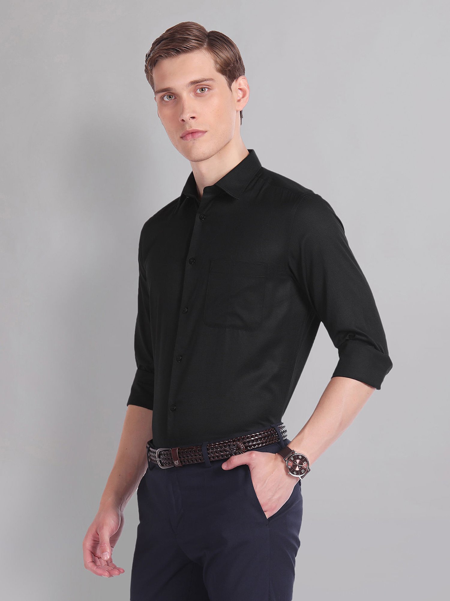 AD by Arvind Black Regular Fit Textured Shirt