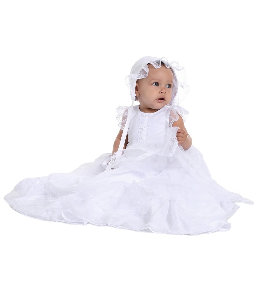 Pippa & Julie Baby Girls Newborn-9 Months Tiered-Hem Christening Gown & Bonnet Hat Set