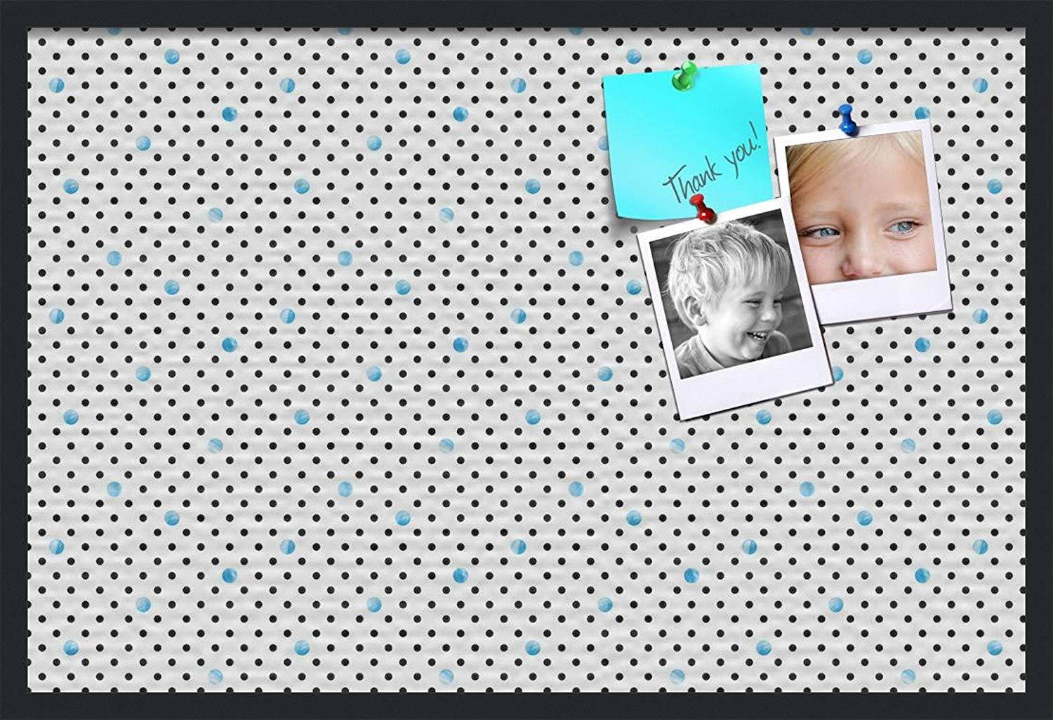 PinPix custom printed pin cork bulletin board made from canvas, Chic Polka Dot Blue 36x24 Inches (Completed Size) and framed in Satin Black (PinPix-Group-55)