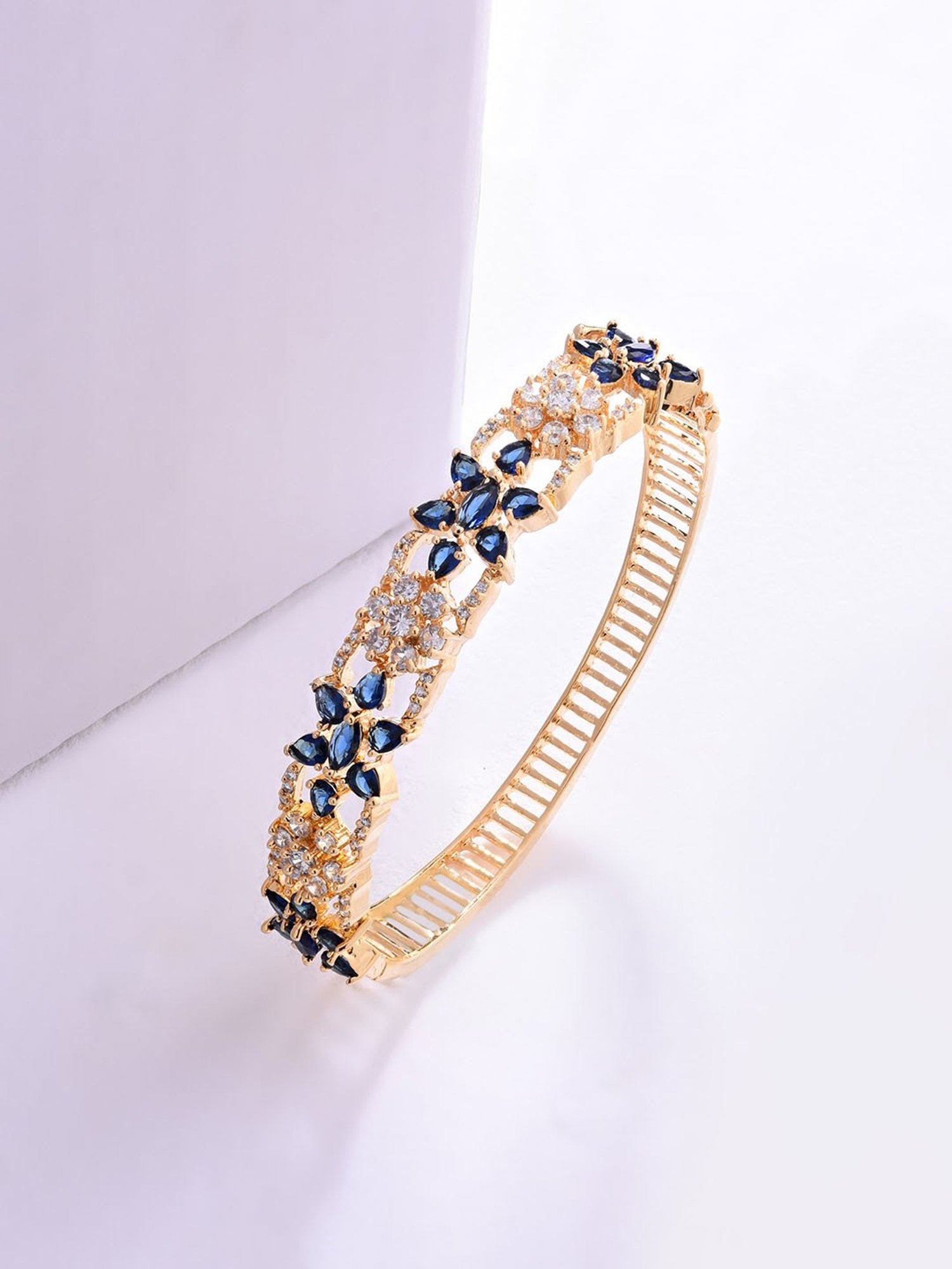 Fida American Diamond Sapphire Gold-Plated Floral Bangle for Women