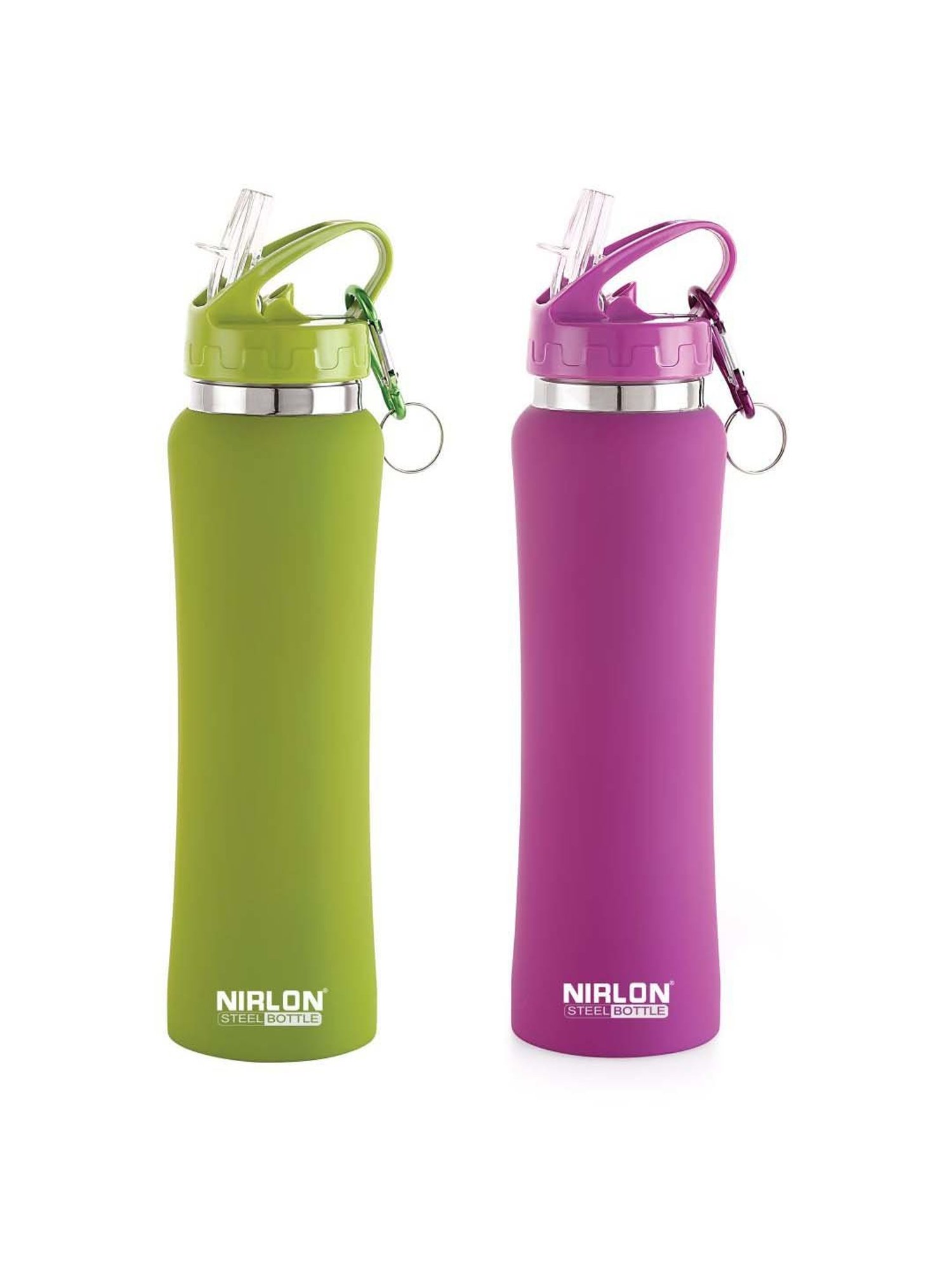 Nirlon Flip Bot Green & Purple Stainless Steel Water Bottle (0.75 L) - Set of 2