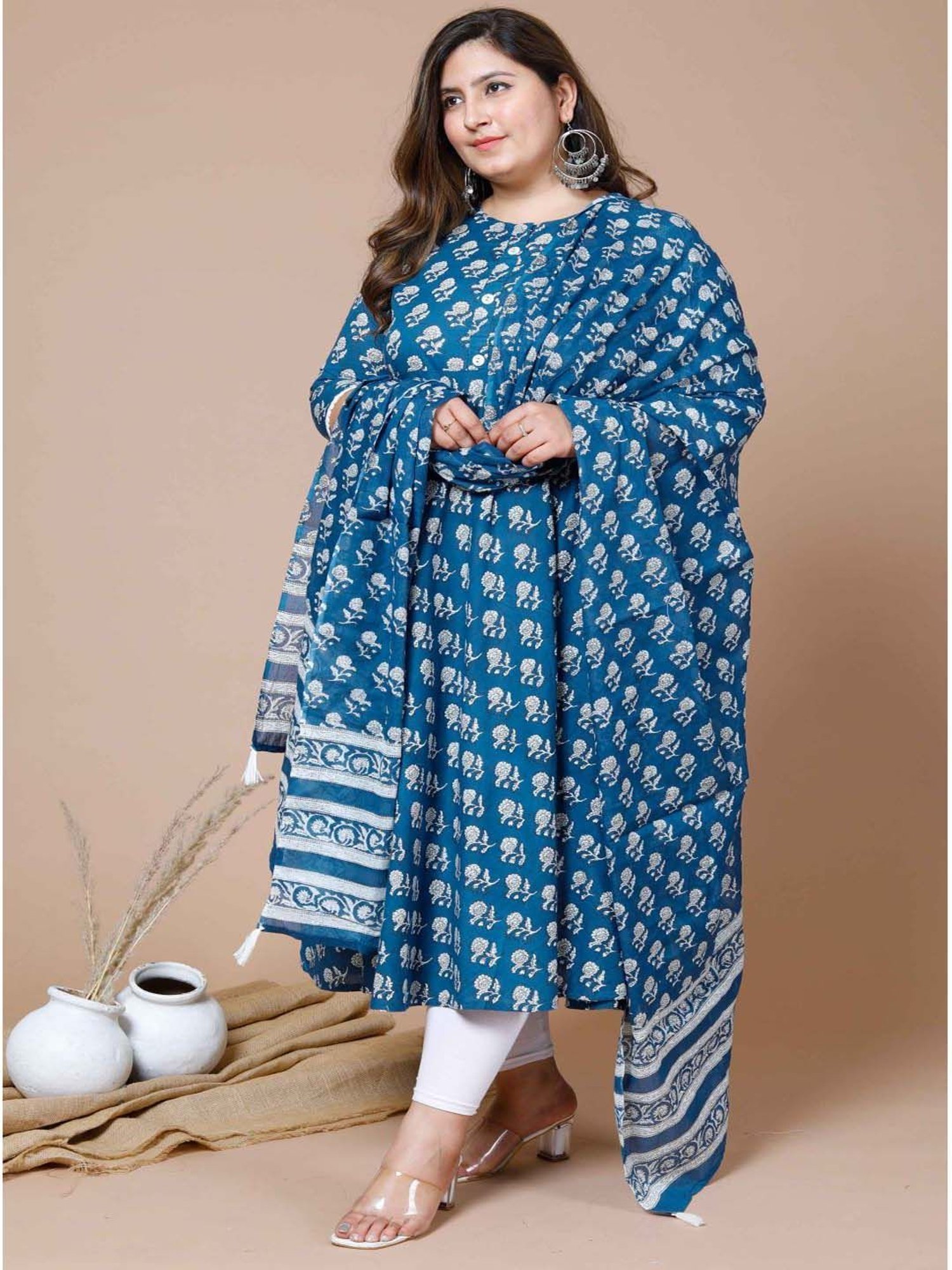 Miravan Blue & White Cotton Printed Kurta With Dupatta