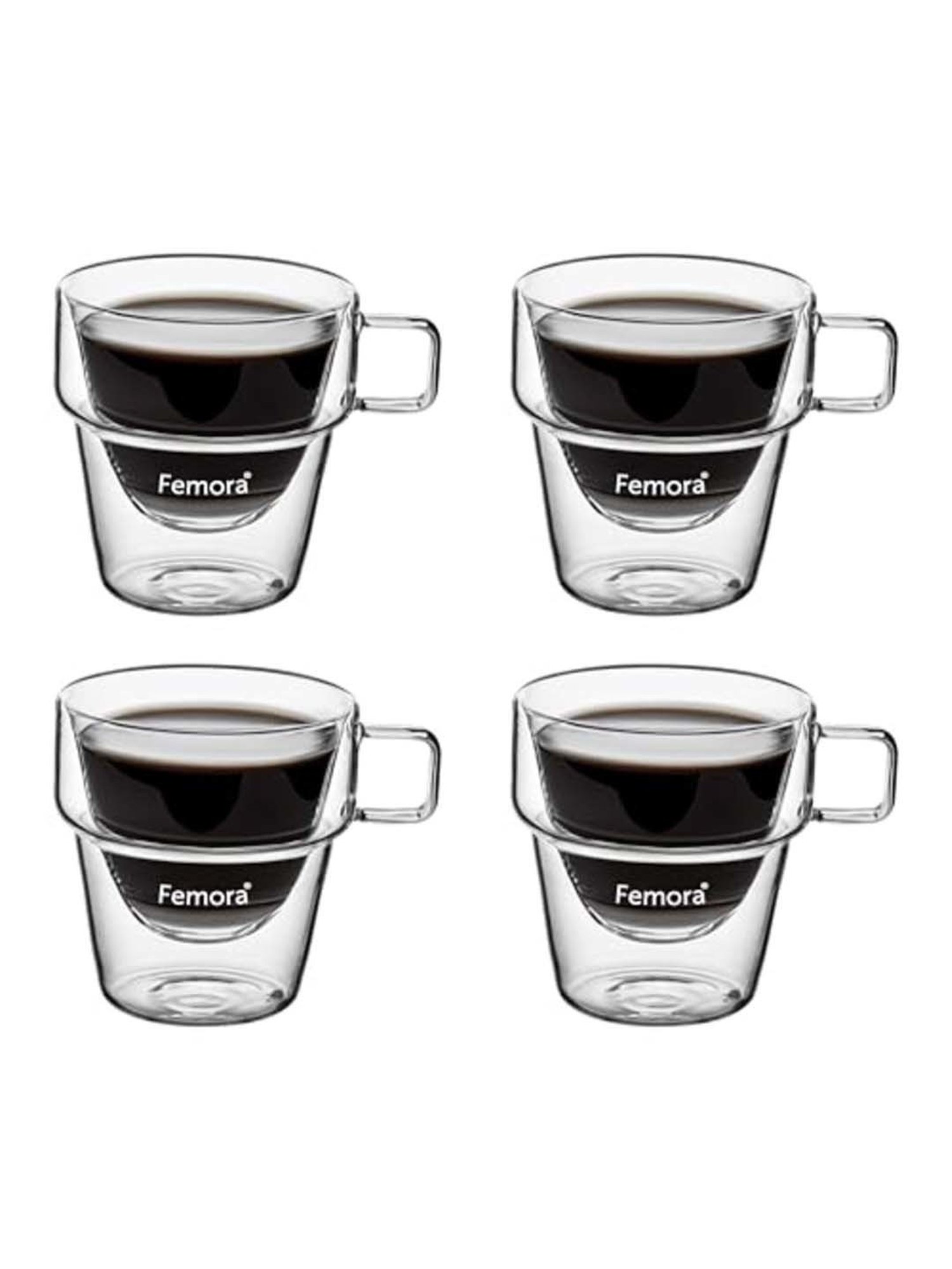 Femora Double Wall Transparent Glass Heat Resistant Coffee Mugs With Handle (0.235 L) - Set of 4