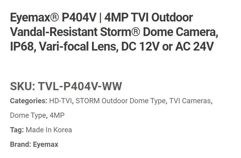 Eyemax Storm Series TVL-P404V 4MP HD-TVI Vandal DOME Camera 2.8-12mm Dual Power