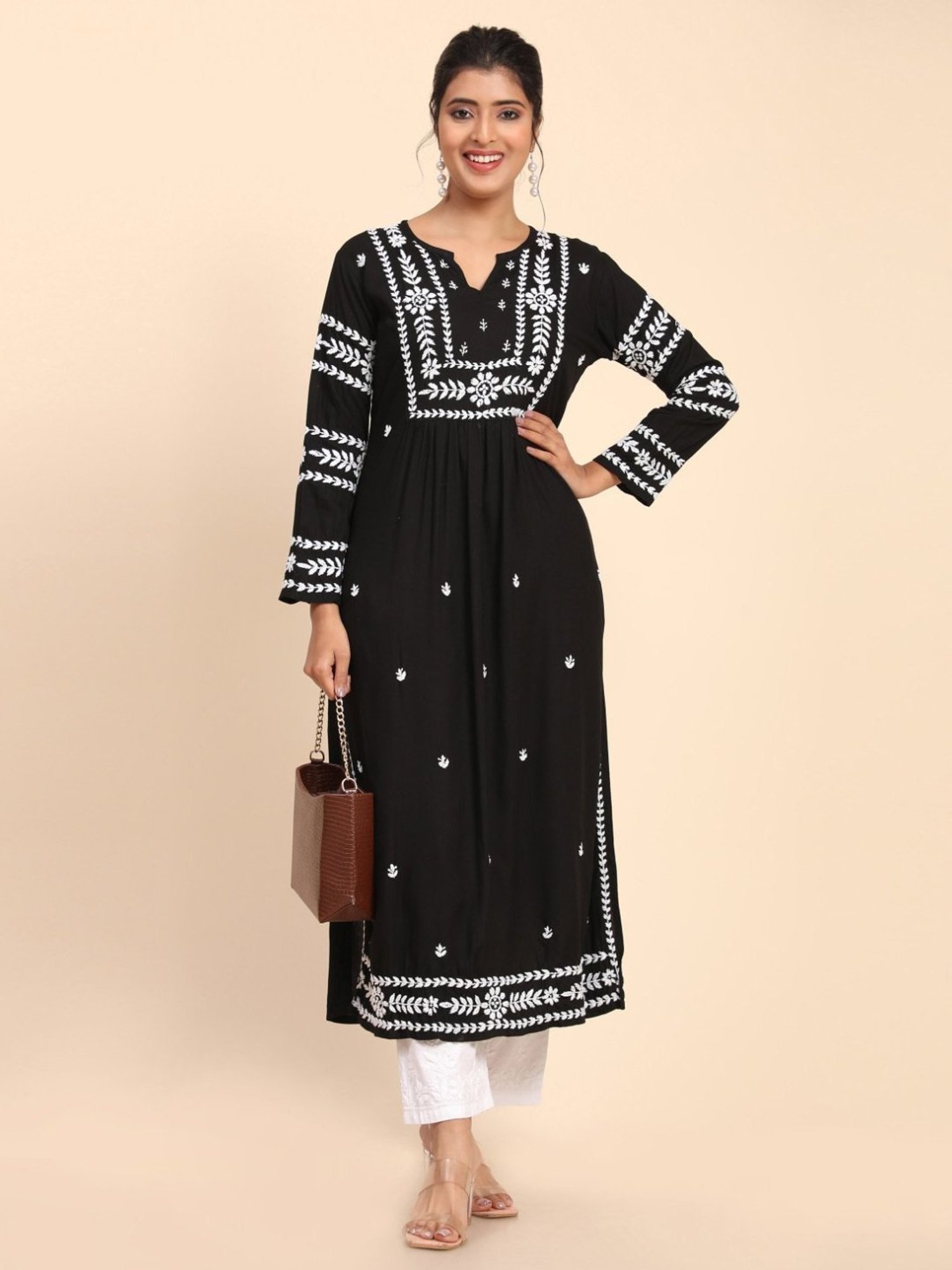 House Of Kari HOK chikankari Long Kurta in Rayon Cotton for Women-Black
