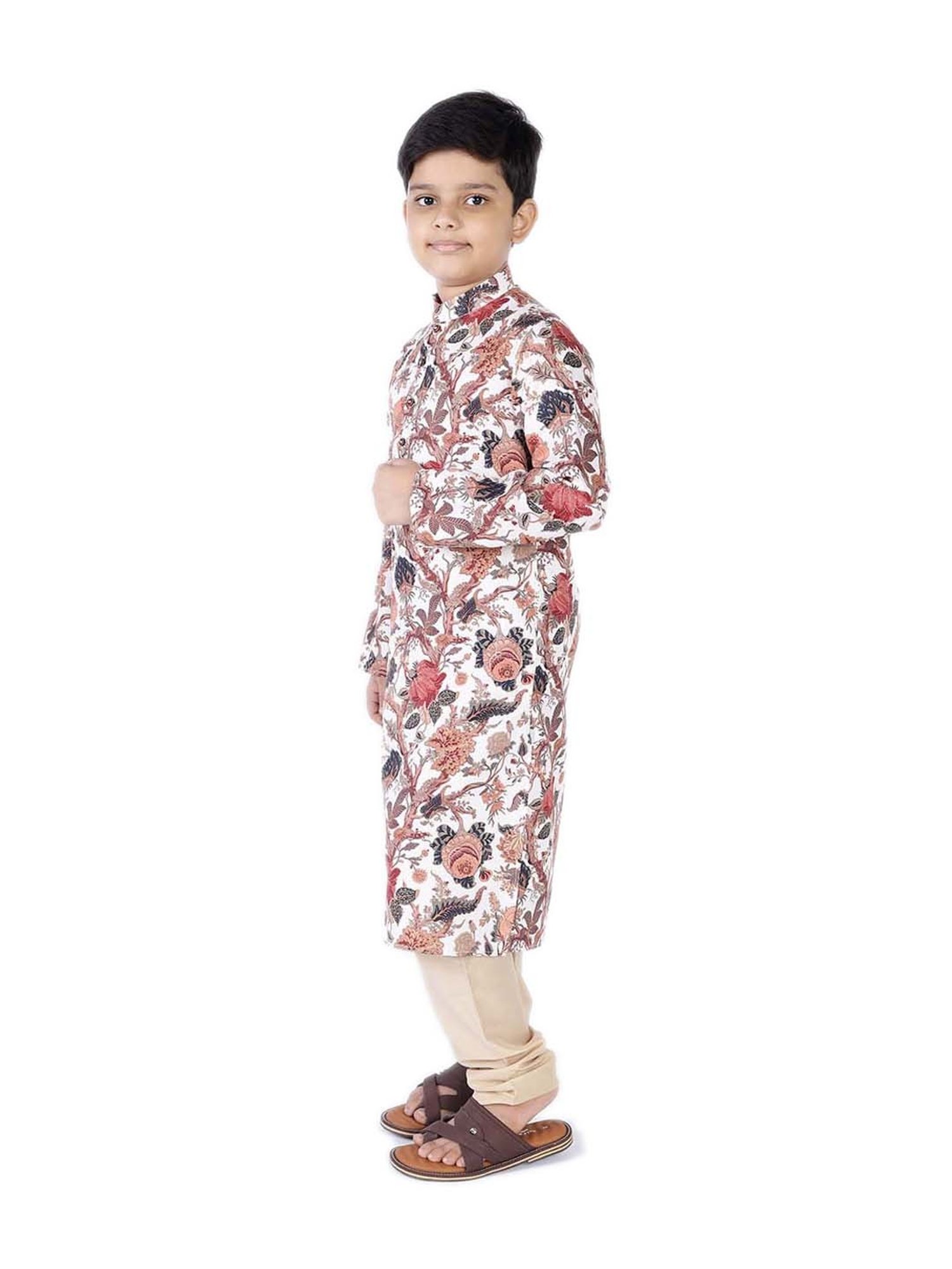 TABARD Kids White & Beige Cotton Printed Kurta Set