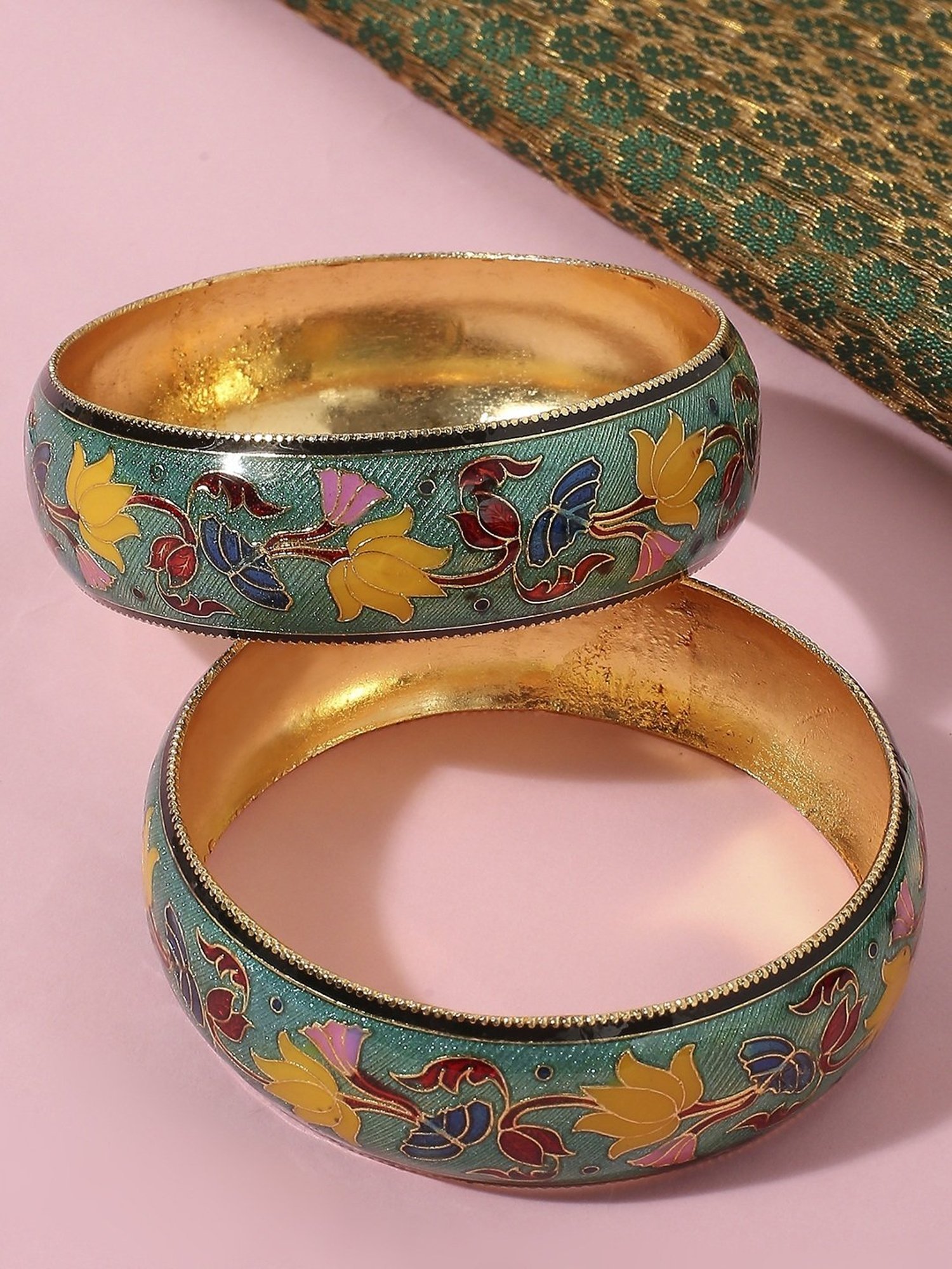 Oomph Jewellery Mint Green & Yellow Meenakari Lotus Design Brass Bangles - Set of 2