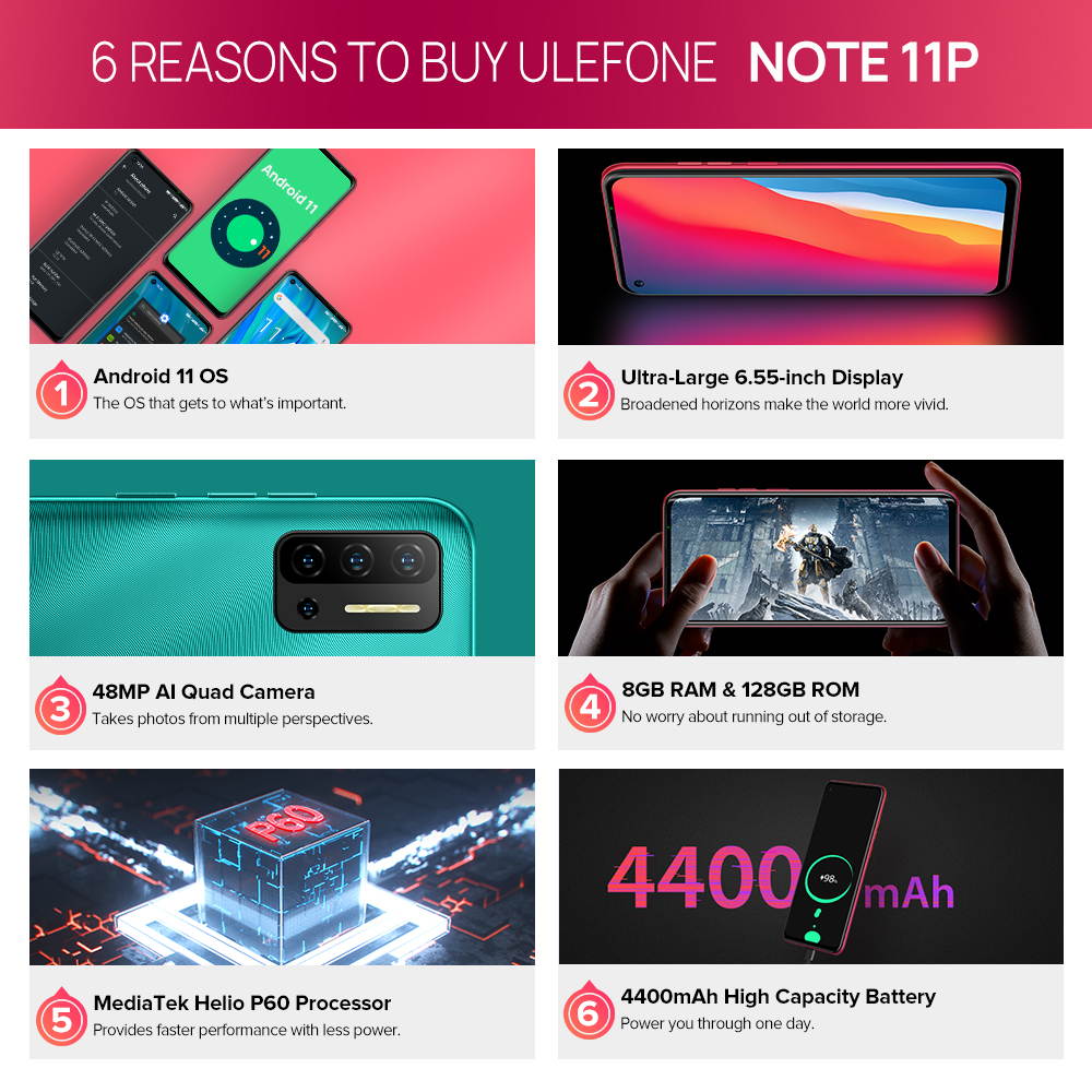 Ulefone Note 11P (2021) Unlocked Phones, Android 11 P60 Octa-core 8GB + 128GB ROM, 48MP Four Rear Camera + 8MP Front Camera, 6.55" HD+ Screen 4400mAh Big Battery Dual 4G Unlocked Smartphone