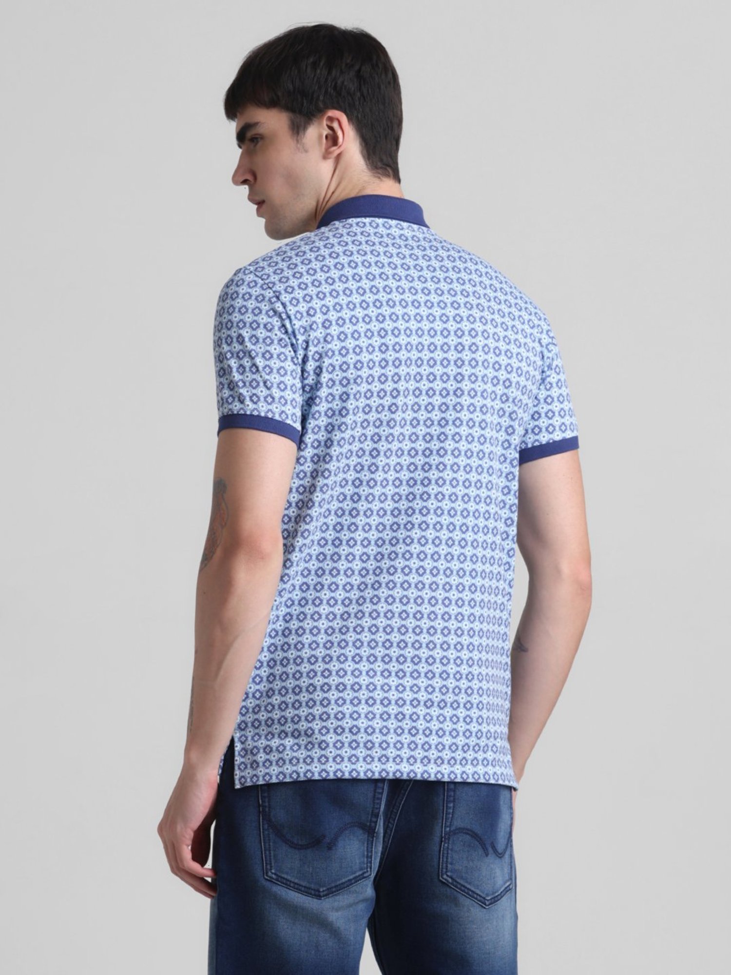 Jack & Jones Cloud Dancer Cotton Slim Fit Printed Polo T-Shirt