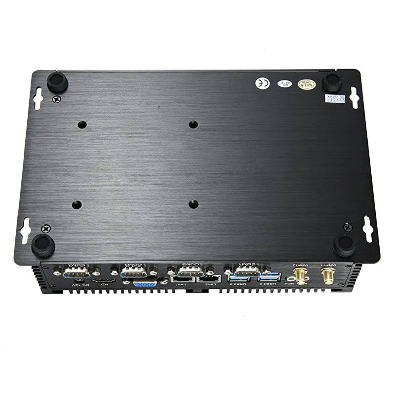 Fanless Industrial Computer, Mini Desktop PC with Intel Celeron Dual Core CPU, 4GB RAM, 128GB SSD, 2xLAN, 4xUSB 3.0, 4xCOM RS232, HD Port, WiFi, Full Metal Body, Windows 10 Pro
