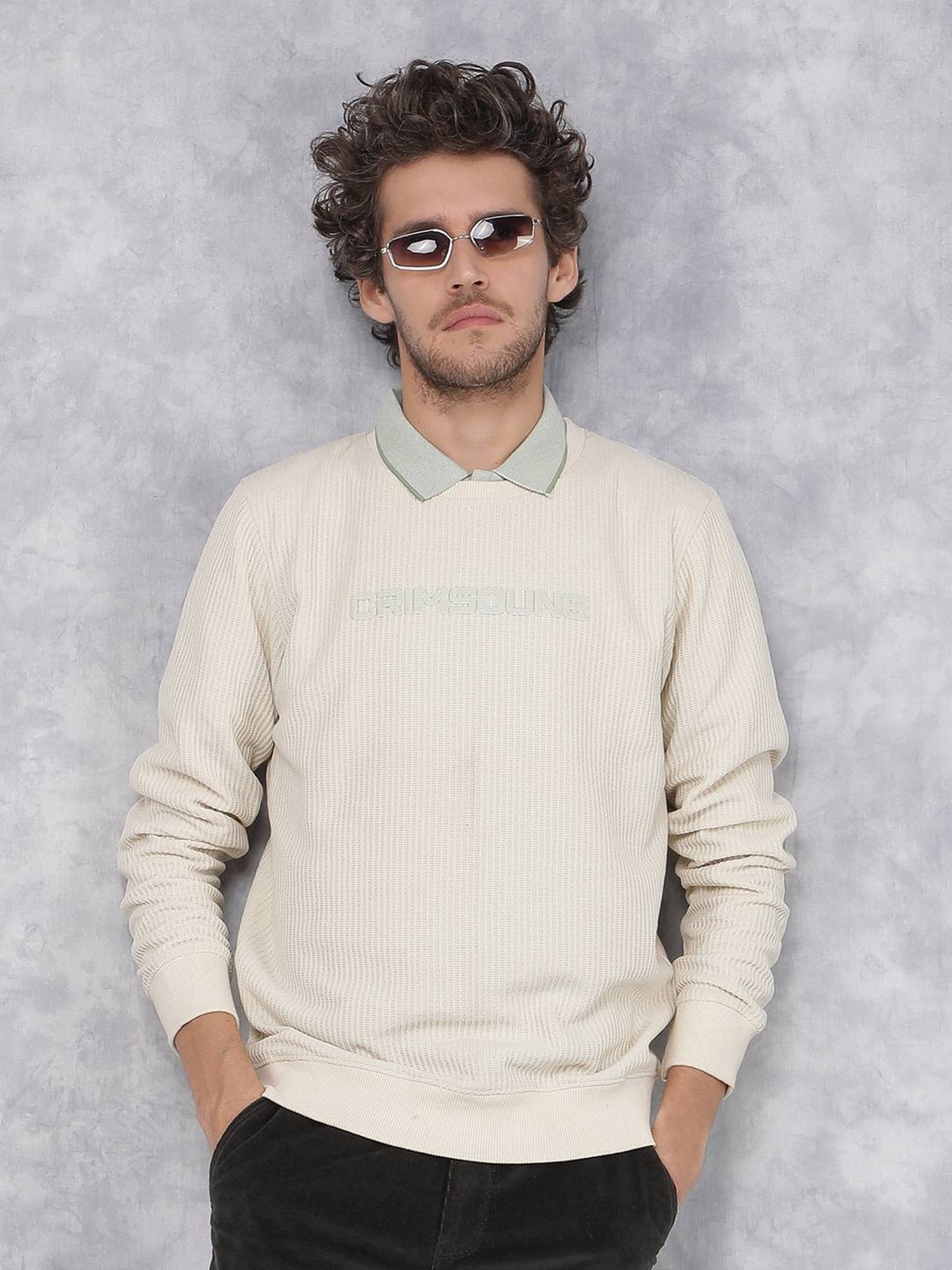 Crimsoune Club Off White Slim Fit Logo Printed Sweater