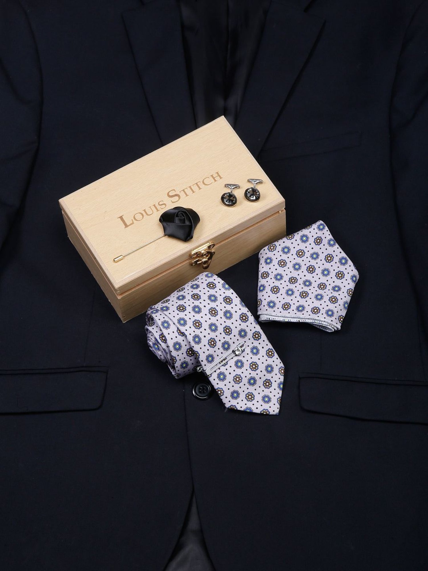 Louis Stitch Blue Printed Necktie Gift Set - Set of 3