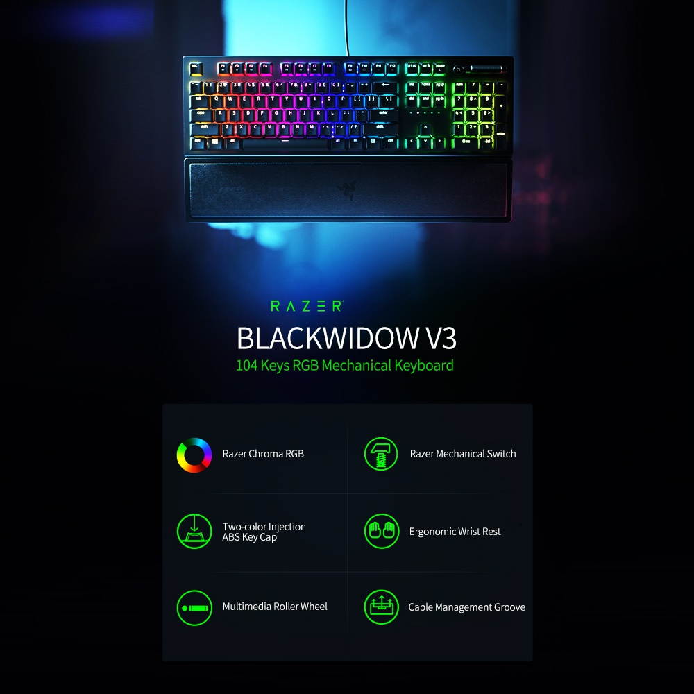 Razer BlackWidow V3 Mechanical Keyboard 104 Keys Wired Gaming Keyboard with Razer Chroma RGB Effect Razer Green Mechanical Switch