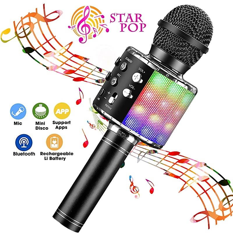 Bluetooth 4 in 1 Karaoke Wireless Microphone with LED Lights, Portable Microphone for Kids, Girls, Boys and Adults (Black)