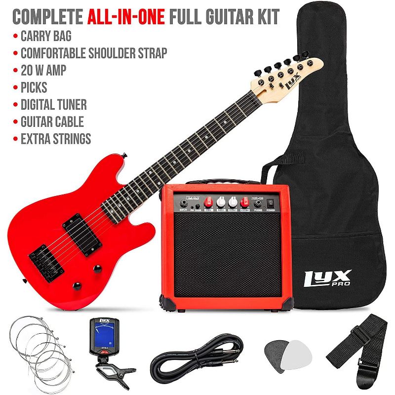 LyxPro 30 Inch Electric Guitar and Starter Kit for Kids with 3/4 Size Beginner's Guitar, Amp, Six Strings, Two Picks, Shoulder Strap, Digital Clip On Tuner, Guitar Cable and Soft Case Gig Bag - Red