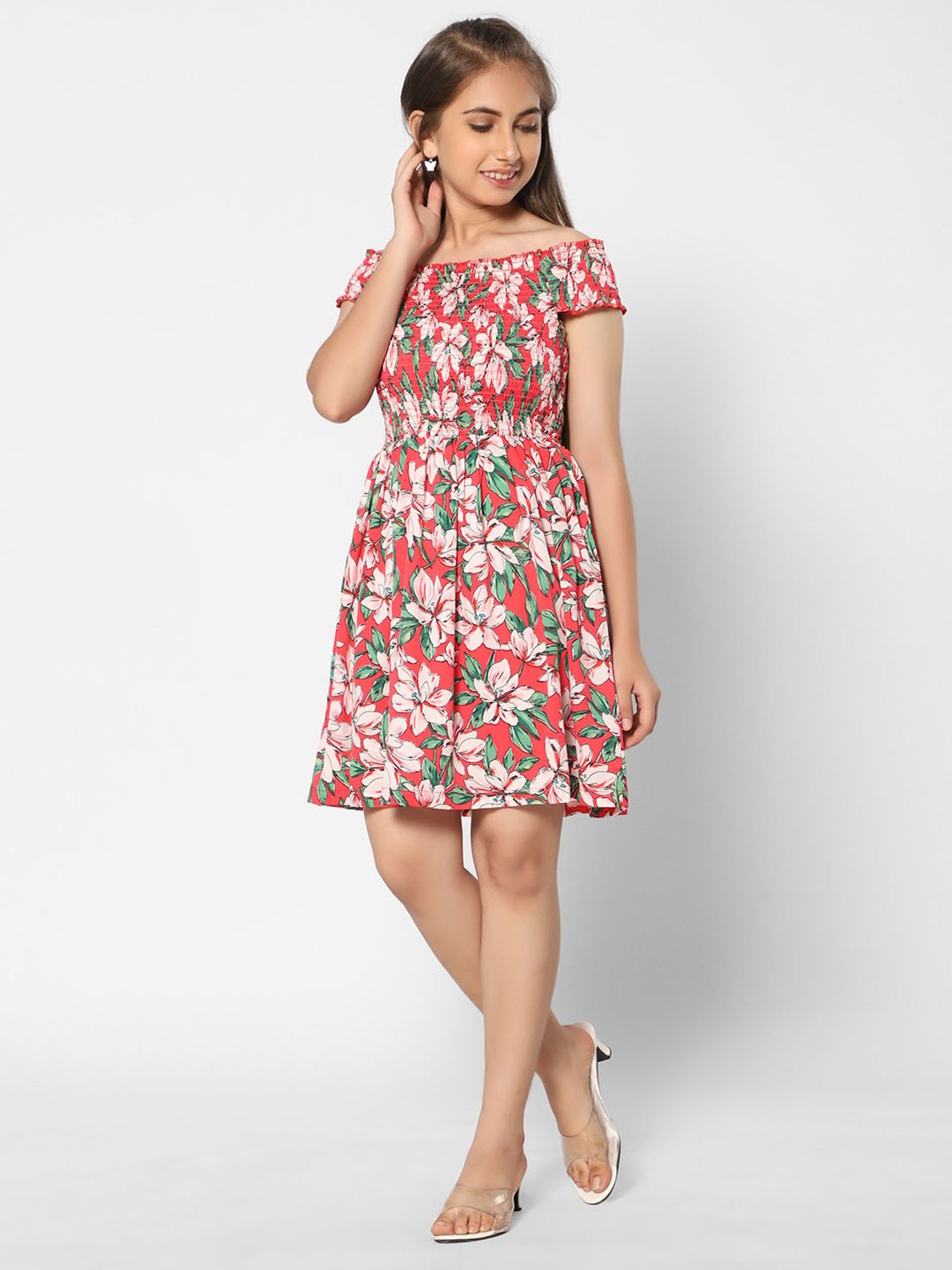 TeenTrums Girls Red Floral Print Dress