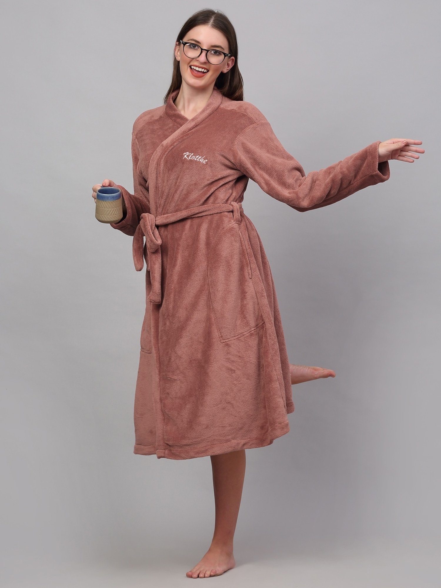 Klotthe Embellished Brown 210 GSM Cotton Bath Robe with Belt