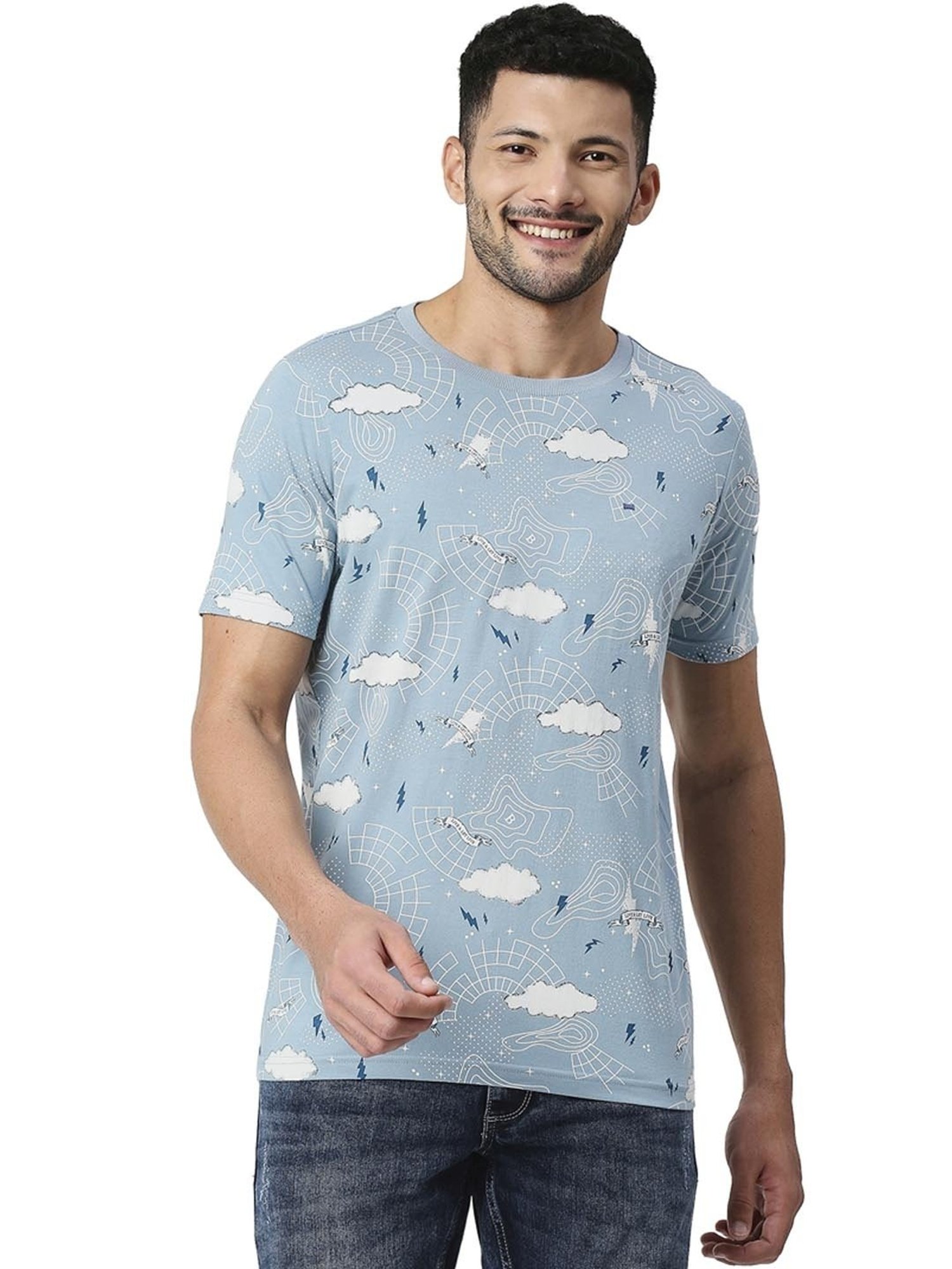 Basics Mid Blue  Slim Fit Printed T-Shirt
