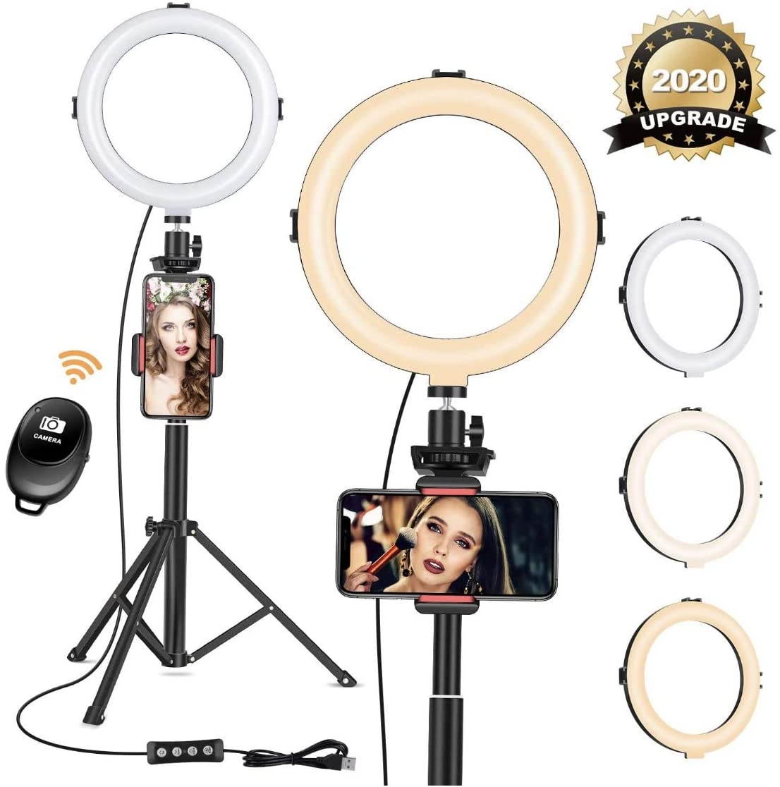 8" Ring Light with Tripod Stand - Dimmable Selfie Ring Light LED Camera Ringlight with Tripod and Phone Holder for Live Stream/Makeup/YouTube Video, Compatible for iPhone Android, Remote(Upgraded)