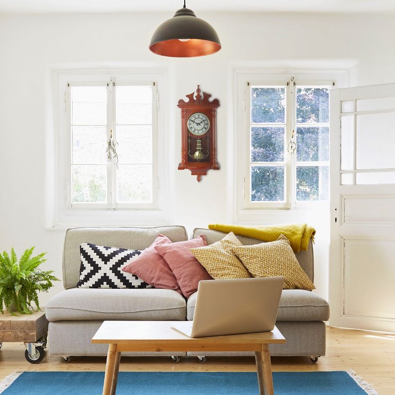 Bedford Collection 25 Inch Wall Clock with Pendulum and Chime in Dark Redwood Oak Finish