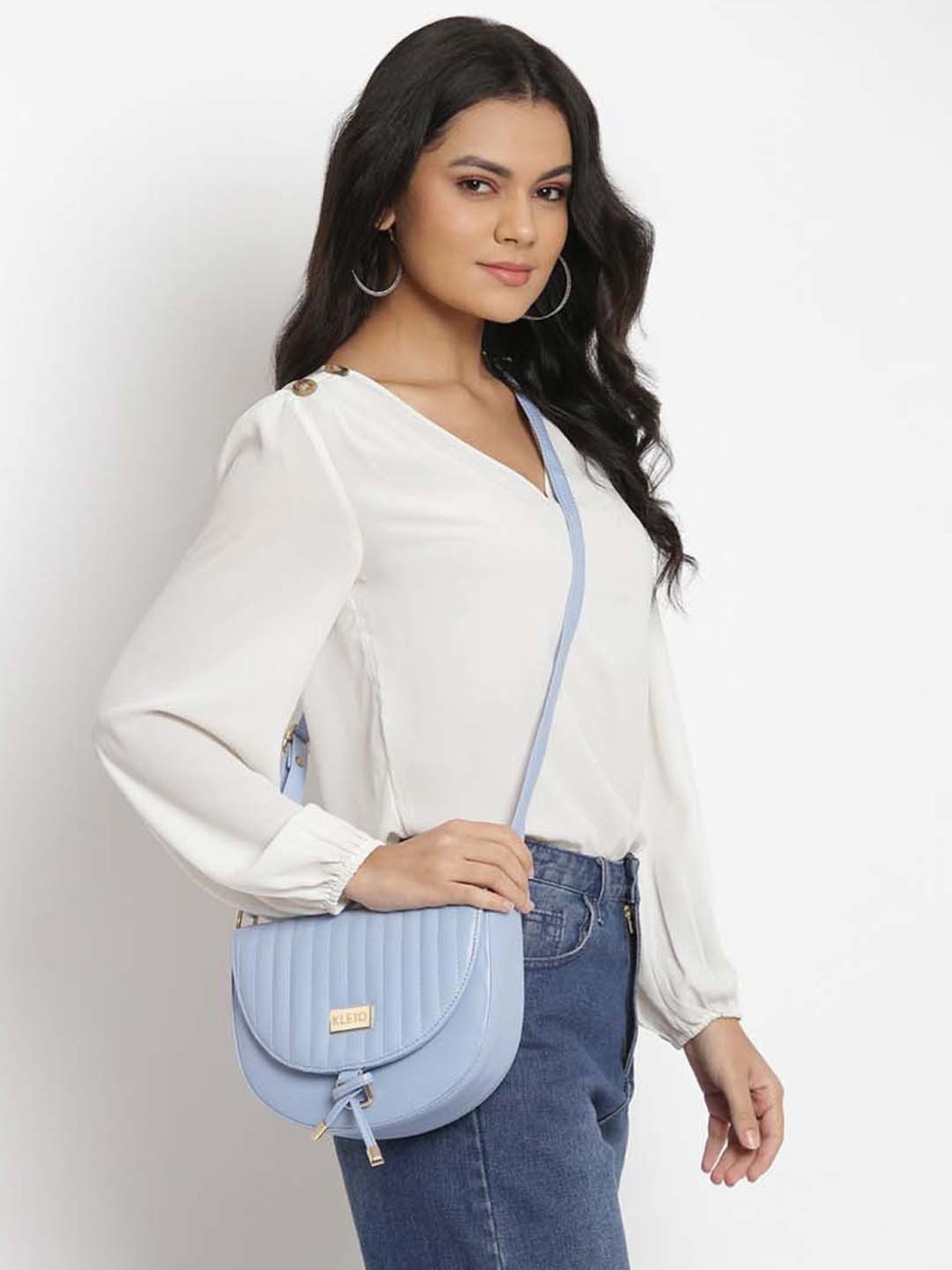 KLEIO Blue Quilted Medium Sling Handbag