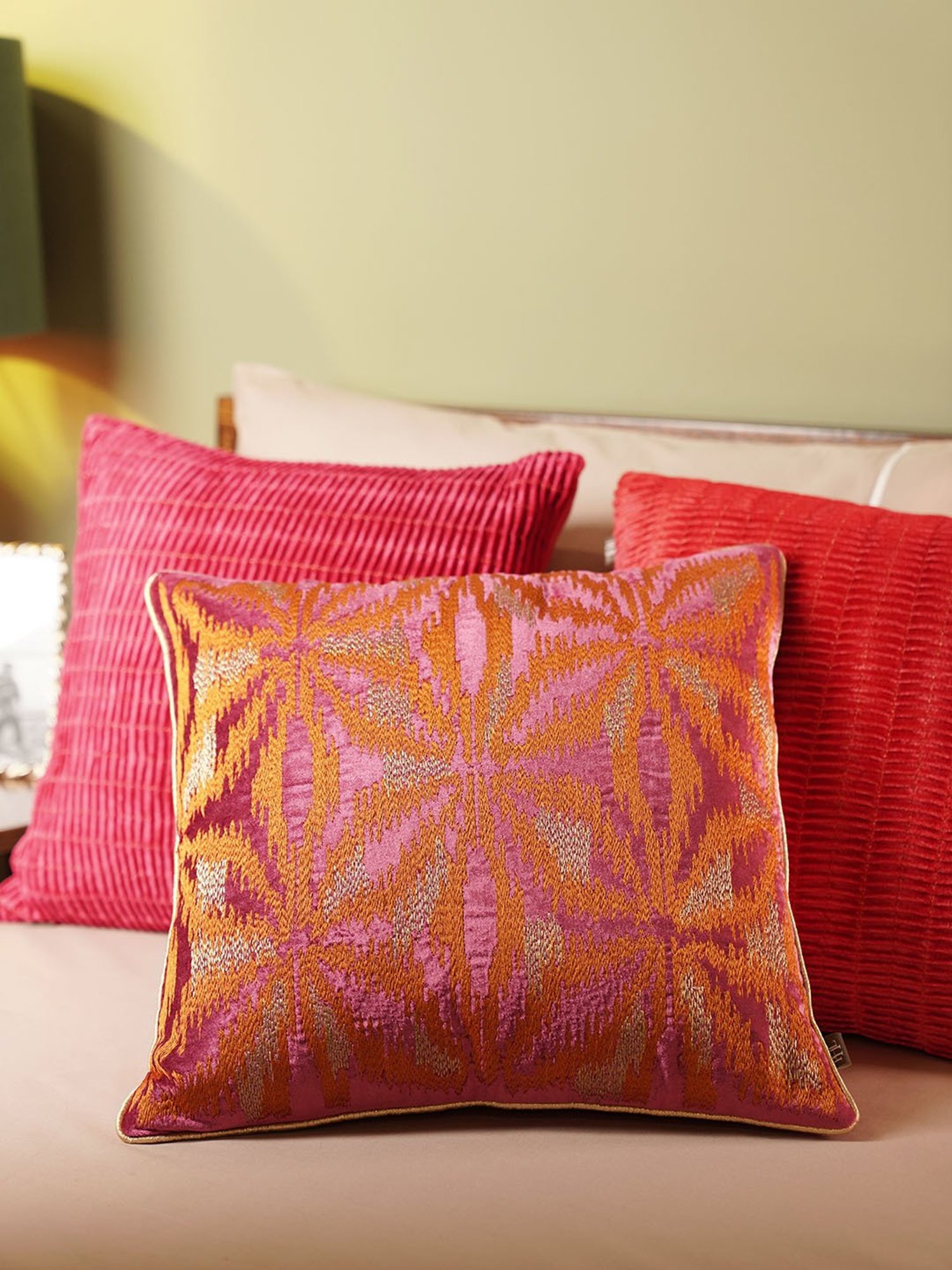Pure Home and Living Pink Cotton Embroidery Cushion Cover