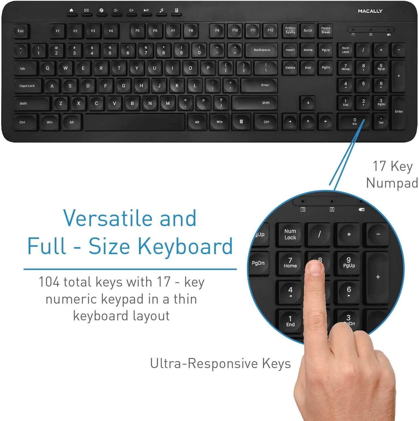 Macally 2.4G Wireless Keyboard for Laptop or PC Desktop - Easy to Use & Computer Keyboard Wireless - Cordless Keyboard with Numeric Keypad & 104 Keys (8 Multimedia Keys) - Plug & Play for Windows PC