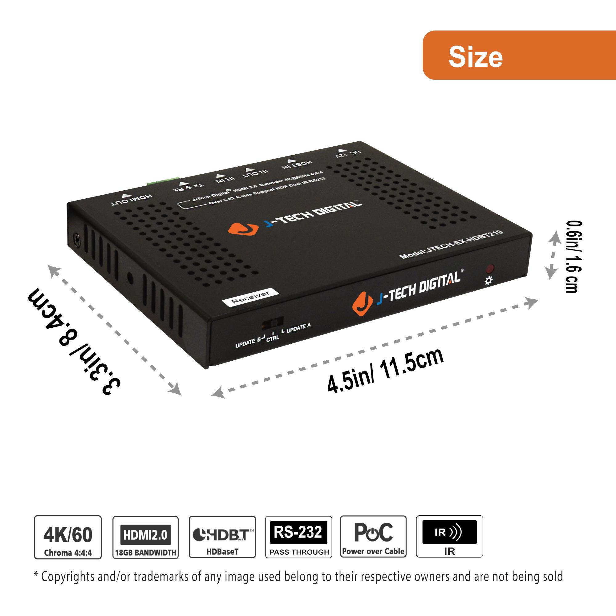 J-Tech Digital HDBaseT 4K@60HZ HDMI Extender 4K@60HZ 4:4:4, HDMI 2.0 Over Single Cable CAT5e/6A up to 230ft (1080P) 131ft(4K) Supports HDMI 2.0 18Gbps, HDR, HDCP 2.2, RS232, Bi-Directional IR