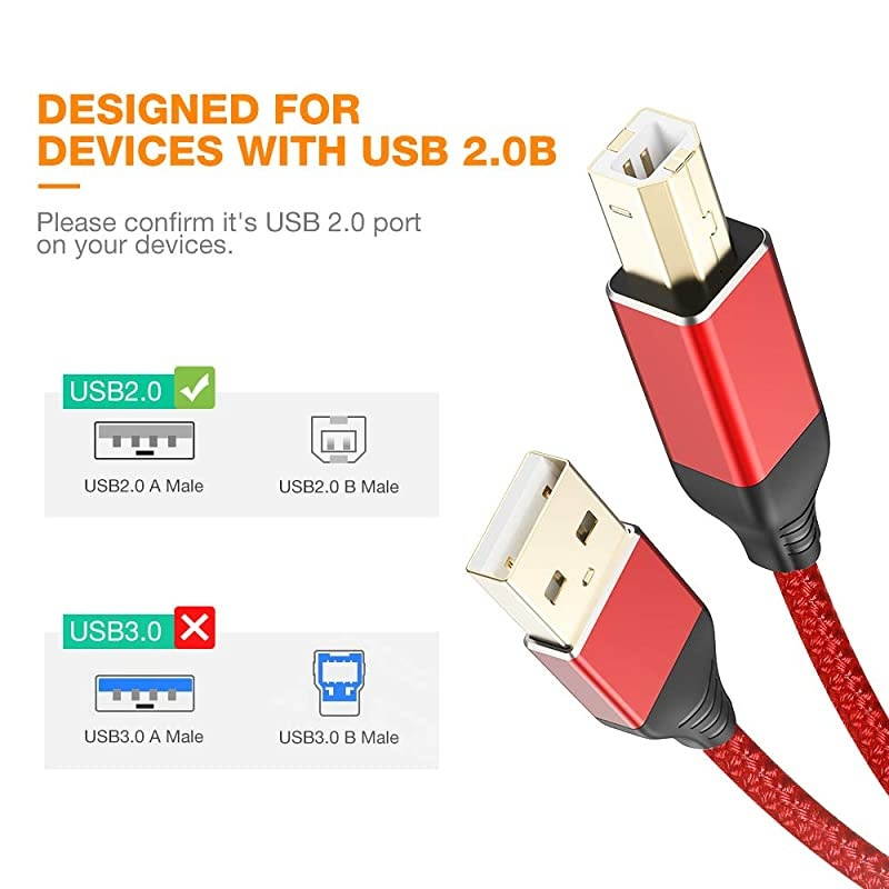 2 Pack Printer Cable,  USB 2.0 Printer Cord [6.6ft/2 Meters] A Male to B Male Scanner Cord High Speed Compatible with HP, Canon, Dell, Epson, Lexmark, Samsung, etc. (Red)