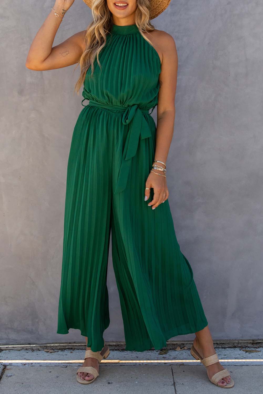 Rose Tan Solid Self Tied Straps Pleated Wide Leg Jumpsuit