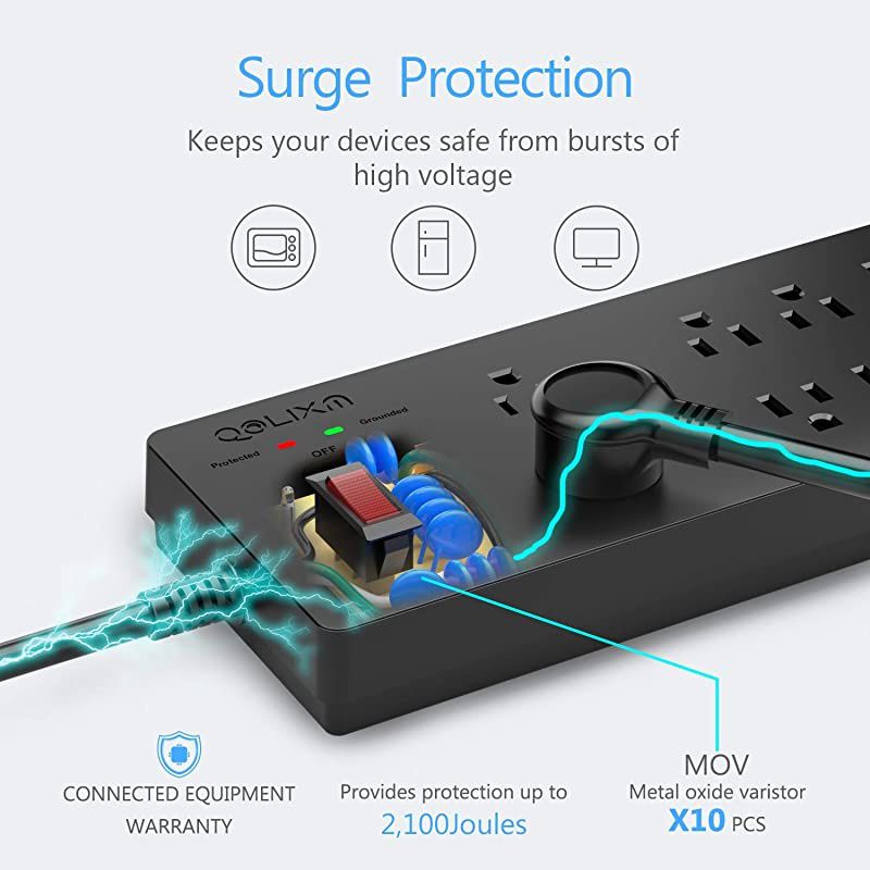Power Strip,  Surge Protector with 10 AC Outlets & 4 USB Ports (5V/4.2A), 1875W/15A, 6 Feet Long Extension Cord(Black)