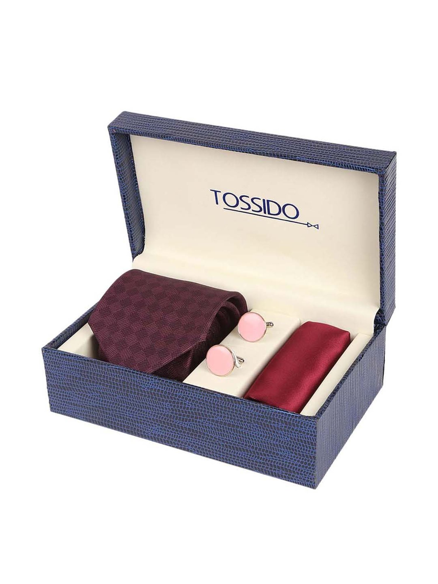 Tossido Maroon Woven Necktie With Pocket Square and Cufflinks